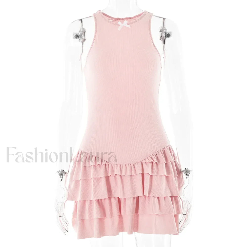 White Ruffles Summer Fashion Sleeveless Slim Tank 2024 Female O neck Casual Outfits Mini Dress Pink / S