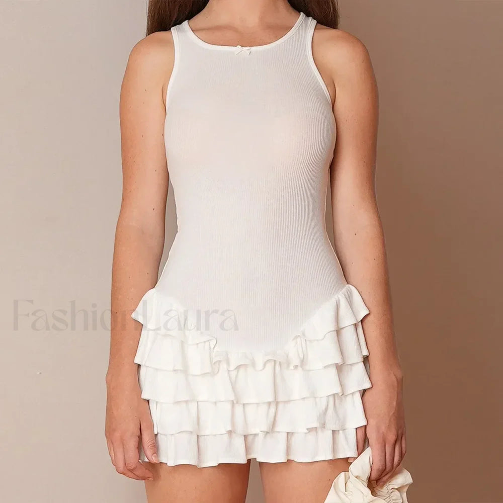 White Ruffles Summer Fashion Sleeveless Slim Tank 2024 Female O neck Casual Outfits Mini Dress White / S