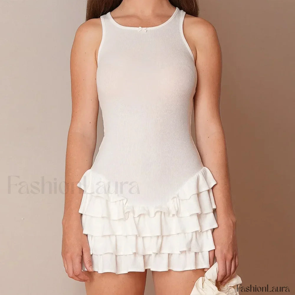 White Ruffles Summer Fashion Sleeveless Slim Tank 2024 Female O neck Casual Outfits Mini Dress White / S