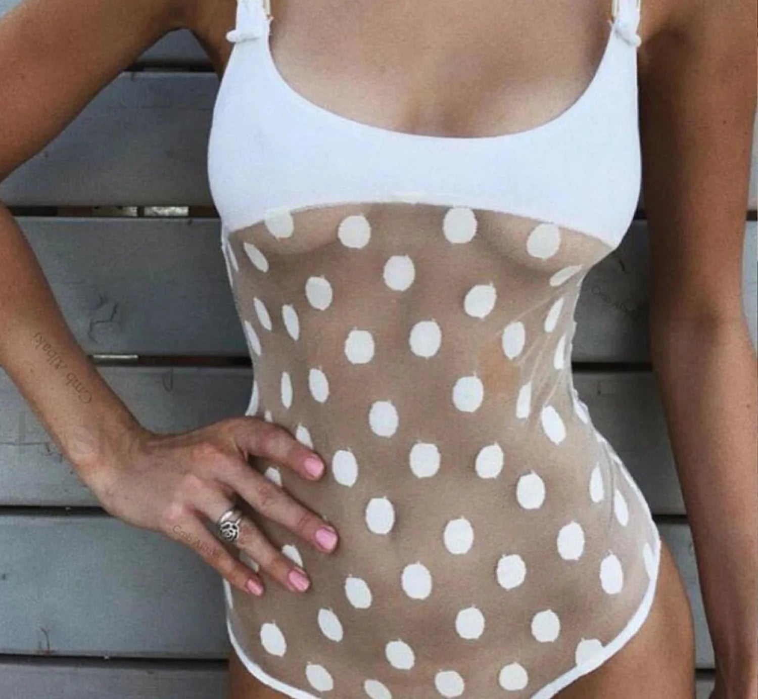 White See Through Dot Mesh One Piece Secondary image