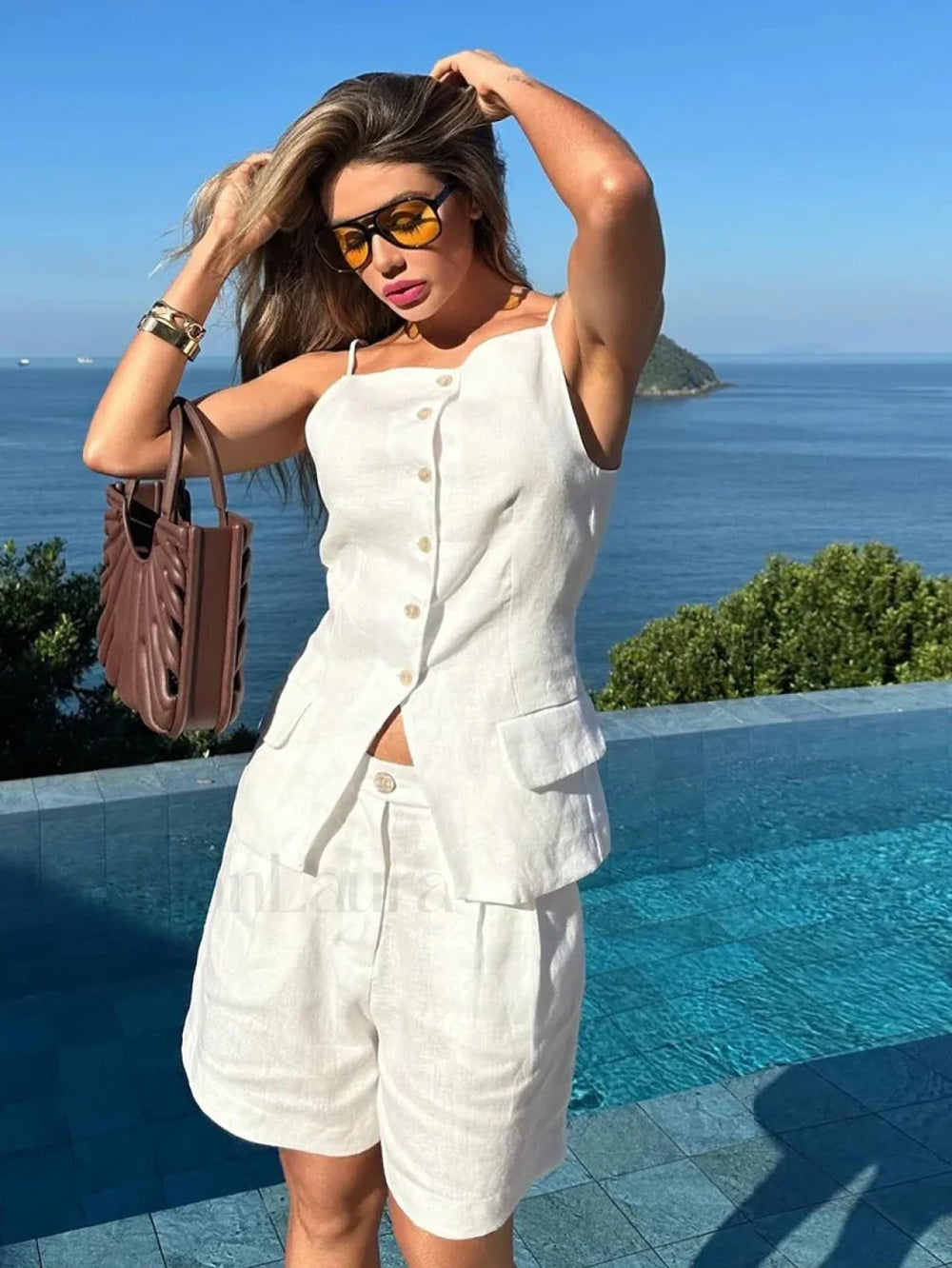 White Sleeveless Backless Shorts Two Piece Set