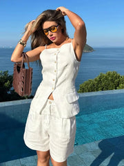 White Sleeveless Backless Shorts Two Piece Set