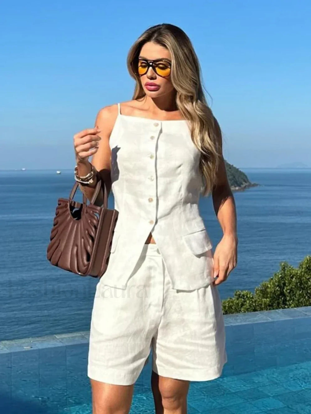 White Sleeveless Backless Shorts Two Piece Set WHITE / S