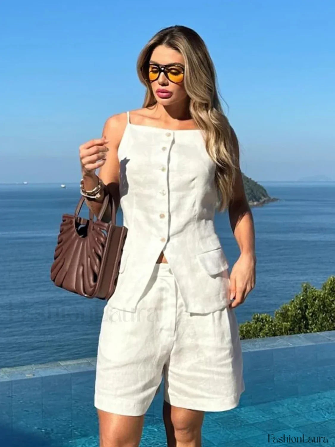 White Sleeveless Backless Shorts Two Piece Set WHITE / S