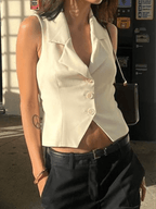 White Sleeveless Button Front Blouse Tops&Tees
