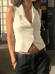 White Sleeveless Button Front Blouse Tops&Tees
