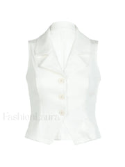 White Sleeveless Button Front Blouse Tops&Tees