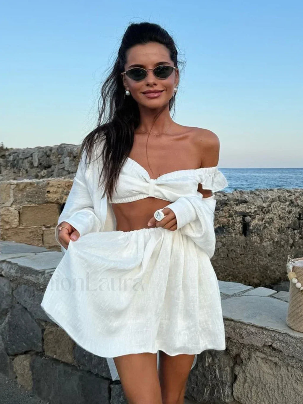 White V Neck Sleepwear Shorts Two Piece Set