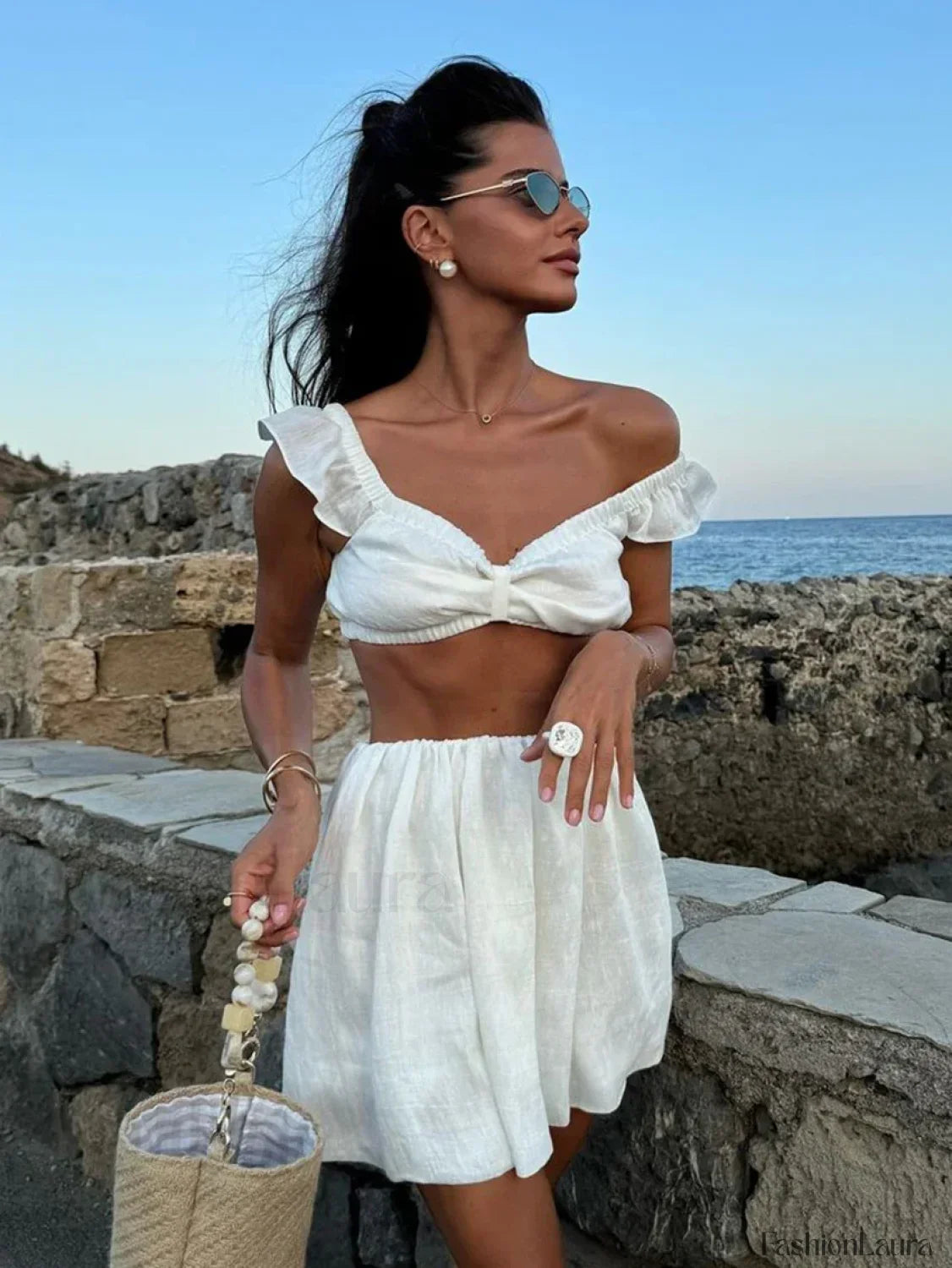 White V Neck Sleepwear Shorts Two Piece Set WHITE / S