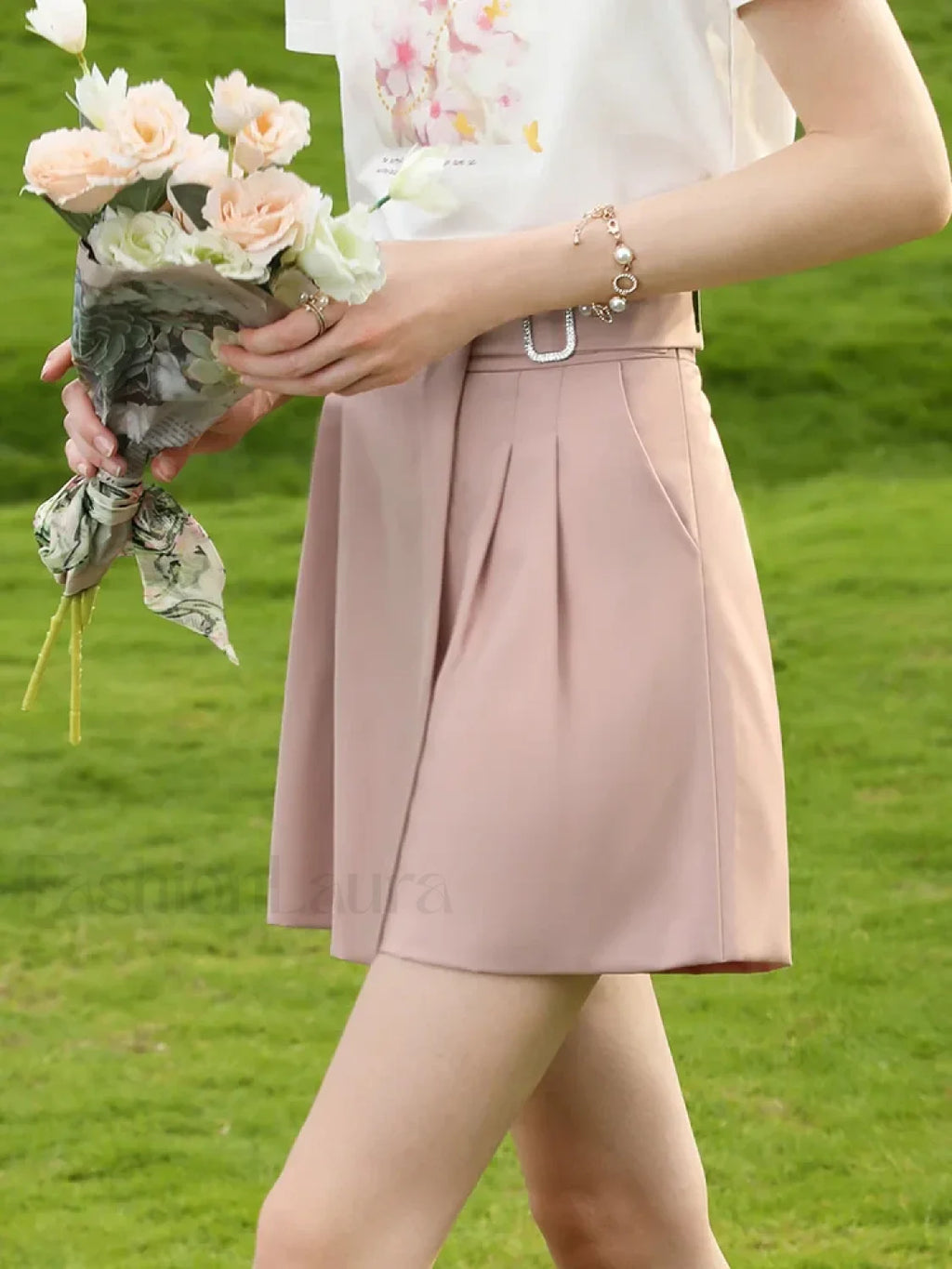 Wide Leg Straight Pink High Elastic Waist Casual Short