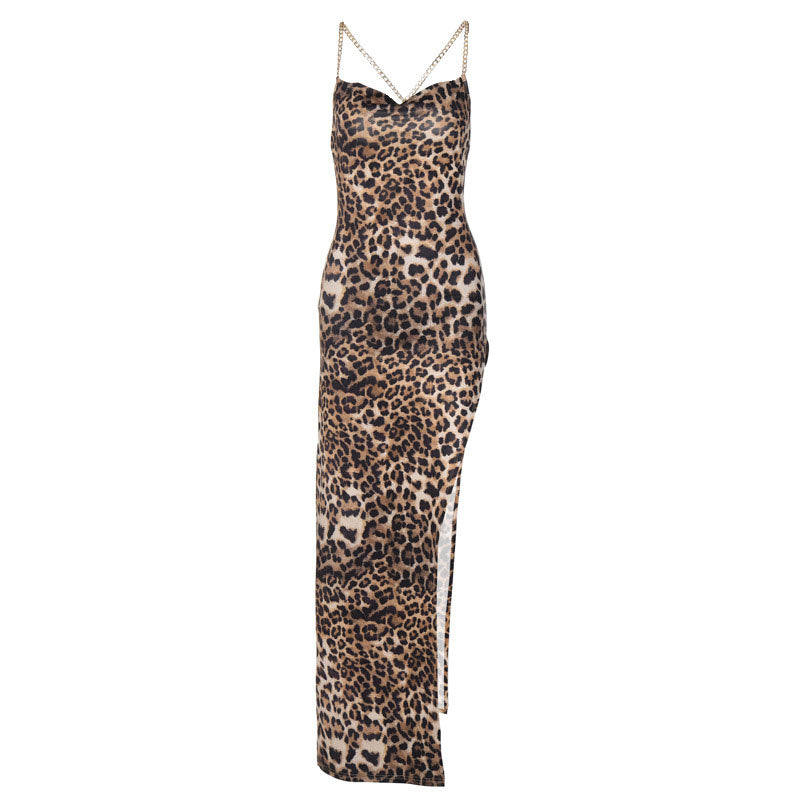 Wild Printed High Slit Cowl Neck Cross Chain Maxi Dress Leopard Party Dresses