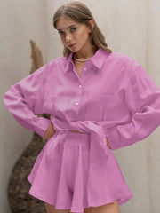 Winter Long Sleeve Shorts Two Piece Set Pink / S