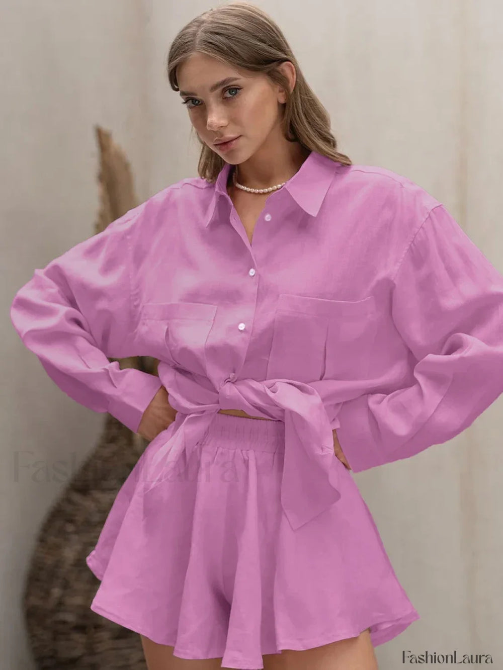 Winter Long Sleeve Shorts Two Piece Set Pink / S