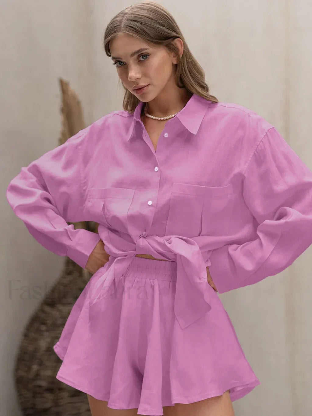 Winter Long Sleeve Shorts Two Piece Set Pink / S