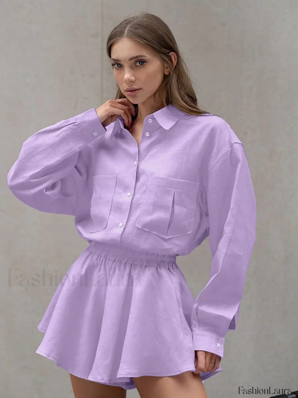 Winter Long Sleeve Shorts Two Piece Set PURPLE / S