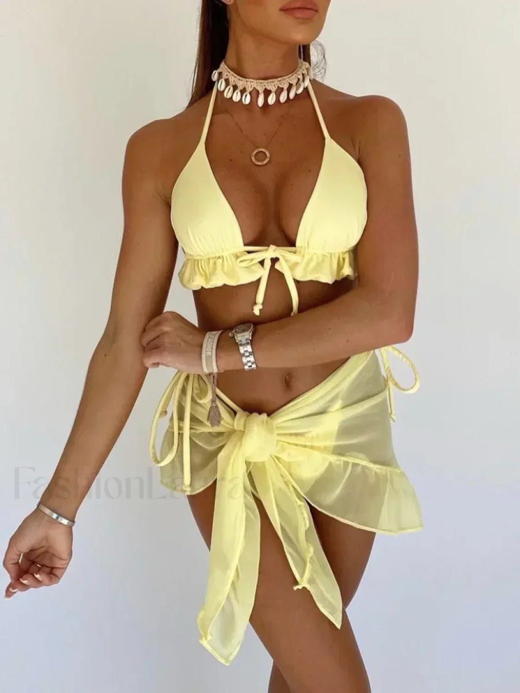 With Mesh Sarong Halter Ruffled Bikini Set