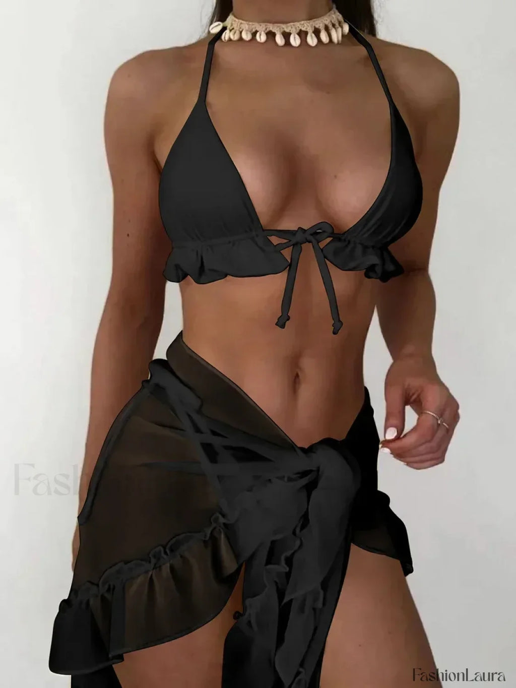 With Mesh Sarong Halter Ruffled Bikini Set Black / S