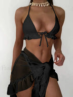 With Mesh Sarong Halter Ruffled Bikini Set Black / S