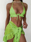 With Mesh Sarong Halter Ruffled Bikini Set Green / S