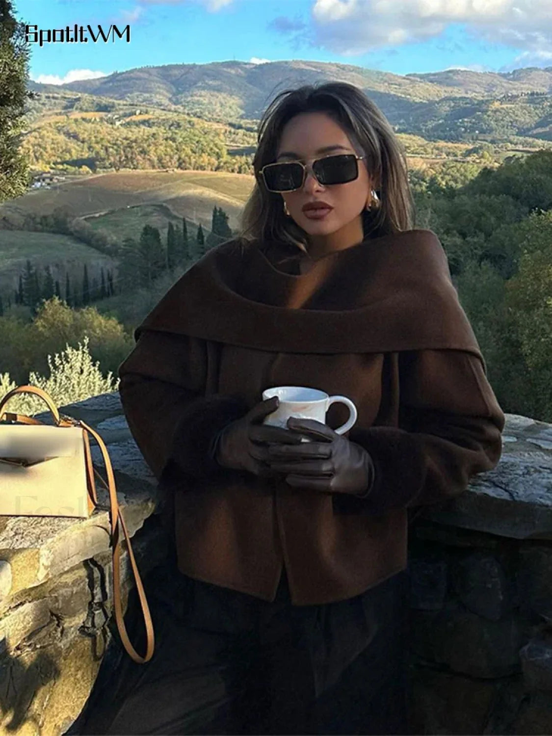 Women Brown Scarf Shawl Collar Short Wool Blends Coat Elegant Fashion Overcoats Secondary image