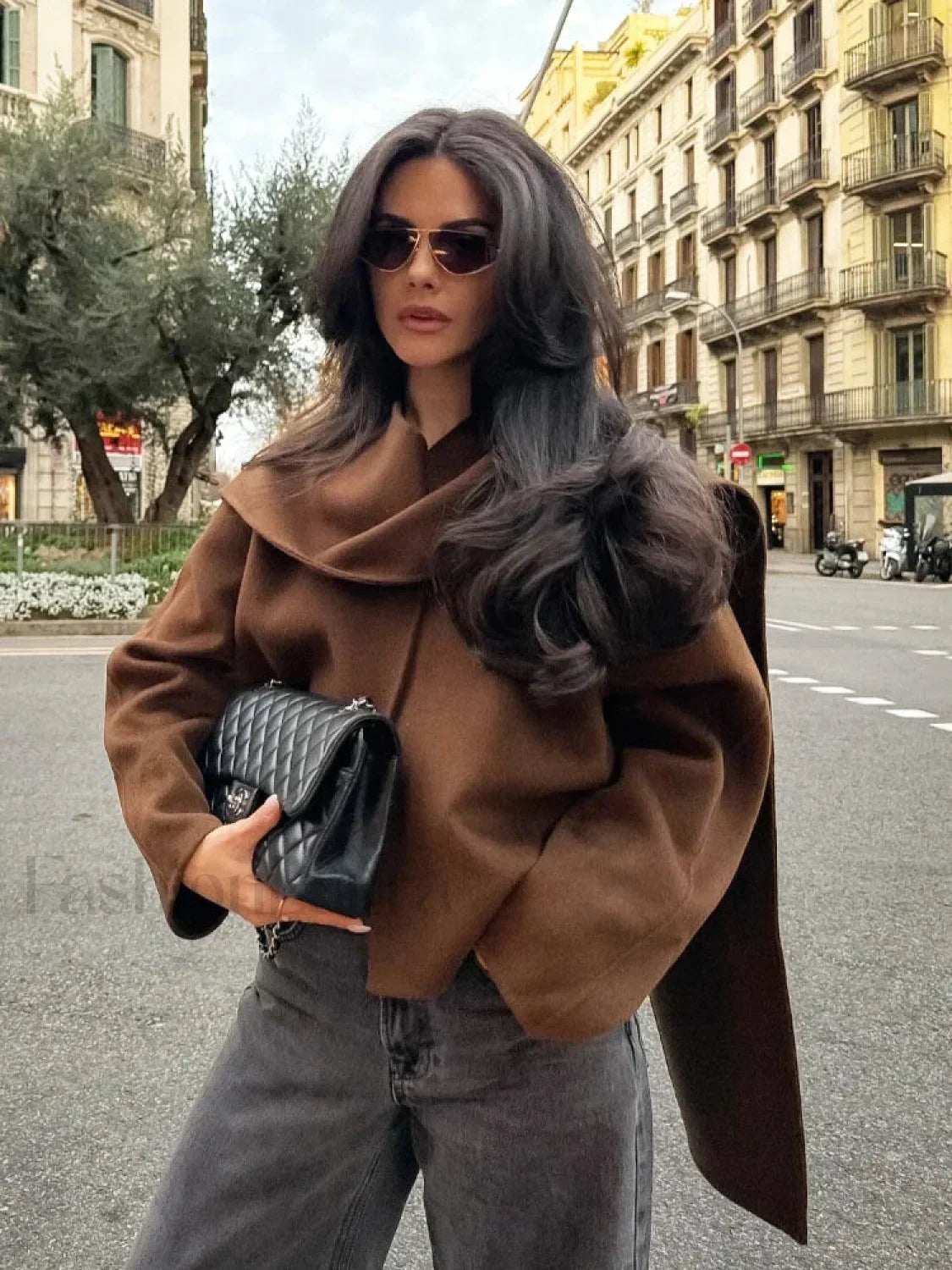 Women Brown Scarf Shawl Collar Short Wool Blends Coat Elegant Fashion Overcoats Main image