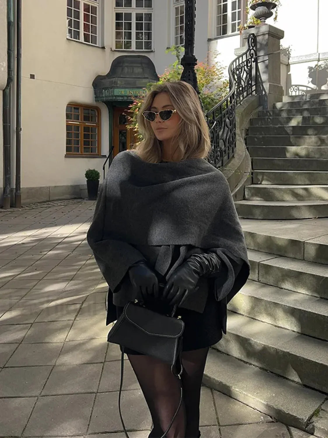 Women Brown Scarf Shawl Collar Short Wool Blends Coat Elegant Fashion Overcoats Grey / S