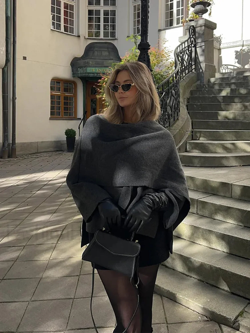 Women Brown Scarf Shawl Collar Short Wool Blends Coat Elegant Fashion Overcoats Grey / S