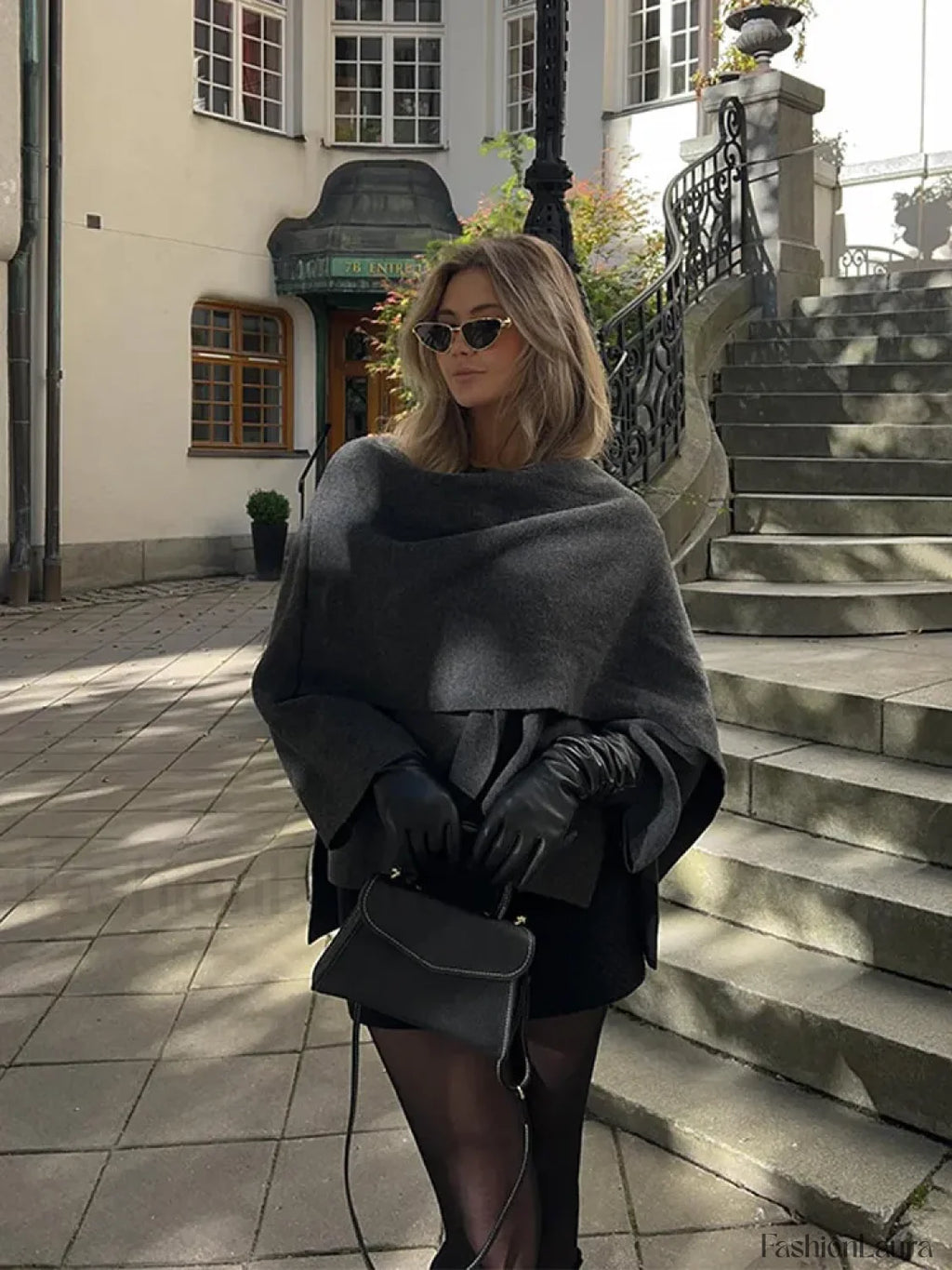 Women Brown Scarf Shawl Collar Short Wool Blends Coat Elegant Fashion Overcoats Grey / S