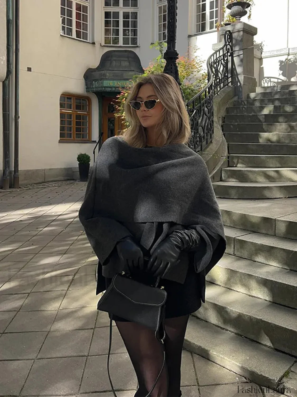 Women Brown Scarf Shawl Collar Short Wool Blends Coat Elegant Fashion Overcoats Grey / S