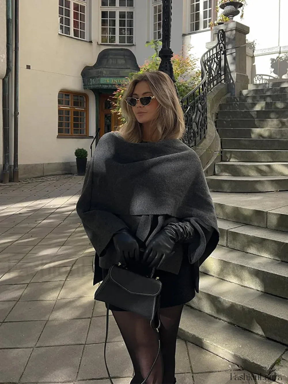 Women Brown Scarf Shawl Collar Short Wool Blends Coat Elegant Fashion Overcoats Grey / S