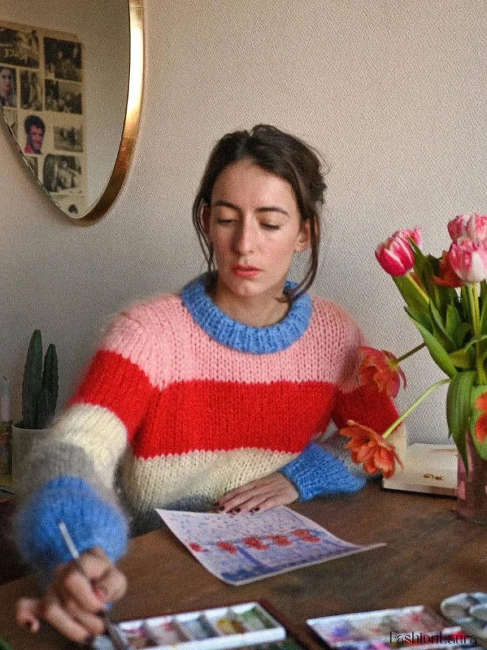 Women Elegant Colorful Striped Knitted Pullover Casual Long Sleeve Loose Sweater Sweaters L