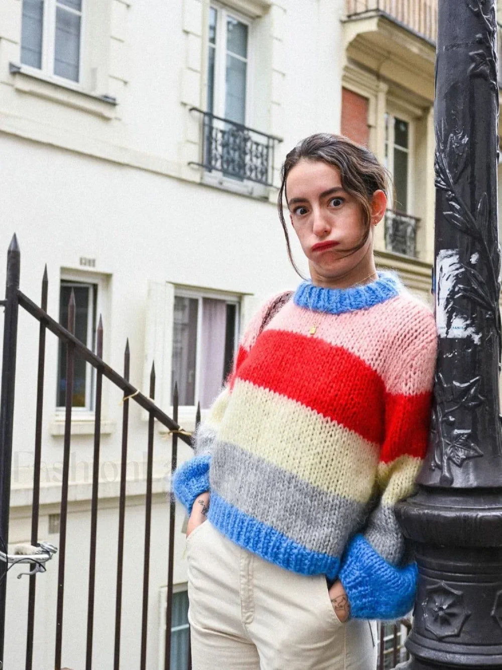 Women Elegant Colorful Striped Knitted Pullover Casual Long Sleeve Loose Sweater Sweaters L