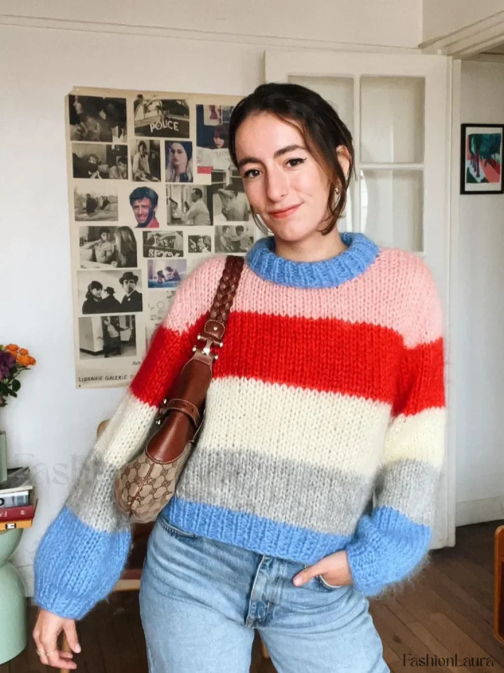Women Elegant Colorful Striped Knitted Pullover Casual Long Sleeve Loose Sweater Sweaters L
