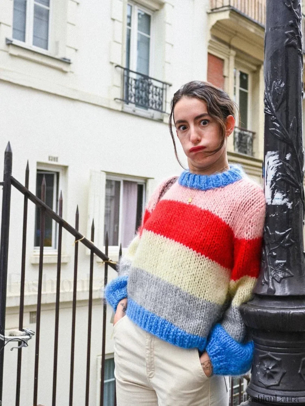 Women Elegant Colorful Striped Knitted Pullover Casual Long Sleeve Loose Sweater Sweaters L