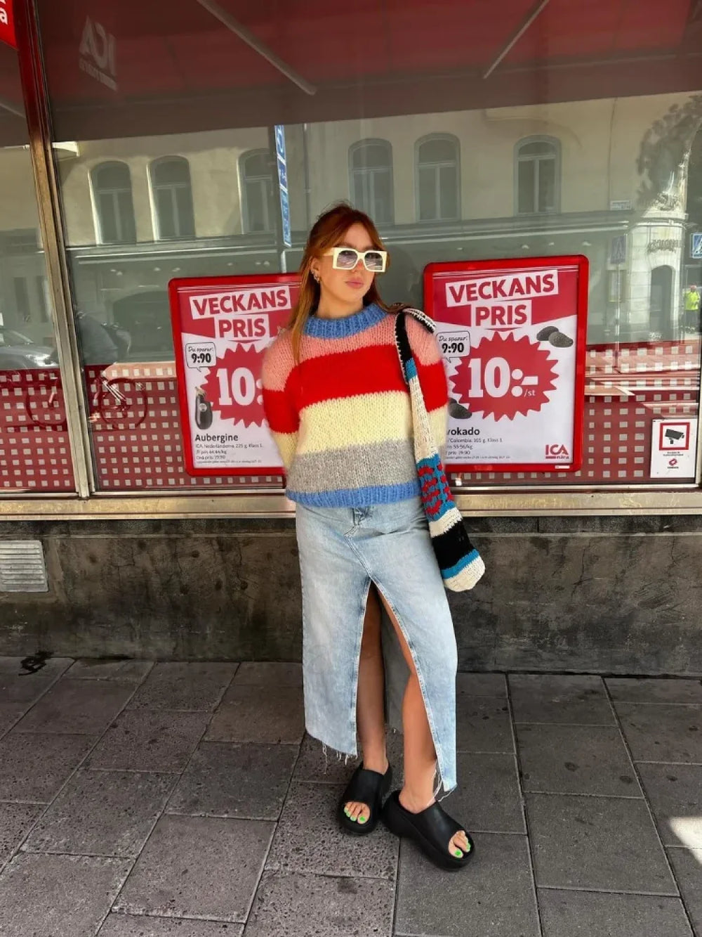 Women Elegant Colorful Striped Knitted Pullover Casual Long Sleeve Loose Sweater Sweaters L