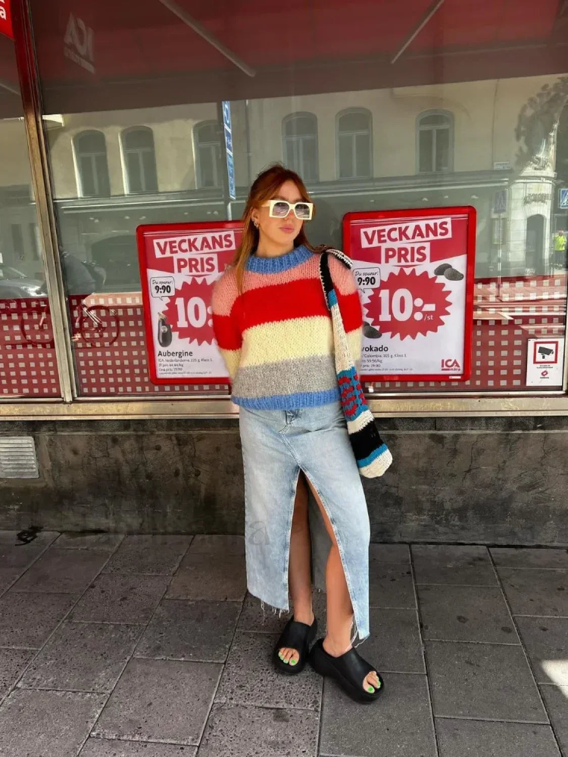 Women Elegant Colorful Striped Knitted Pullover Casual Long Sleeve Loose Sweater Sweaters L Main image