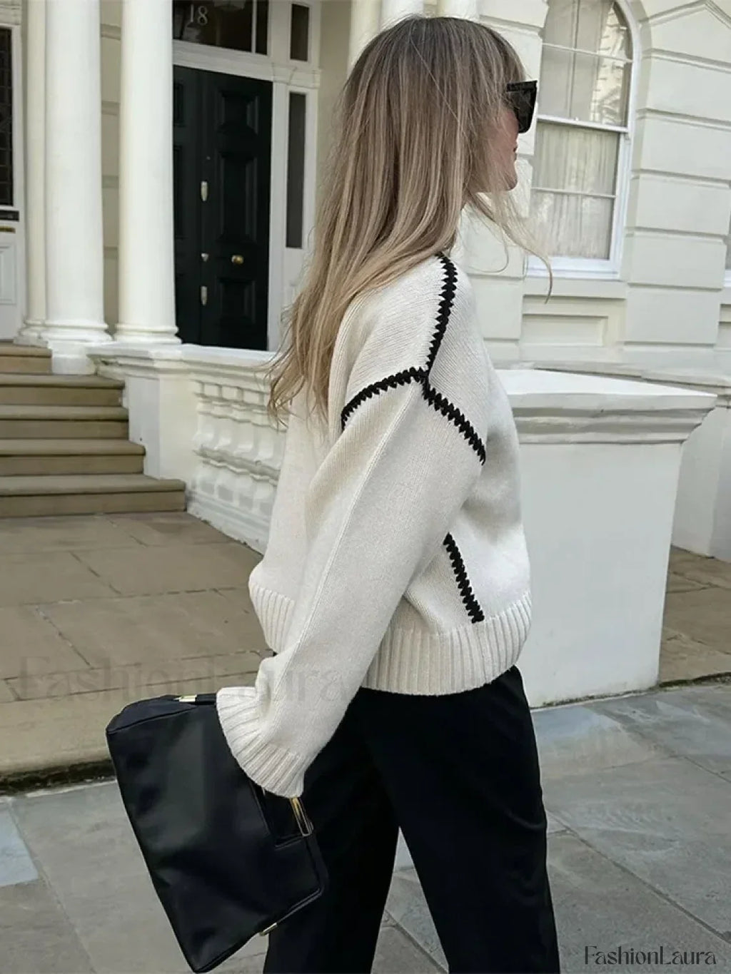 Women Elegant Contrast O Neck Knitted Casual Long Sleeve Loose Sweater Sweaters L