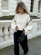 Women Elegant Contrast O Neck Knitted Casual Long Sleeve Loose Sweater Sweaters L