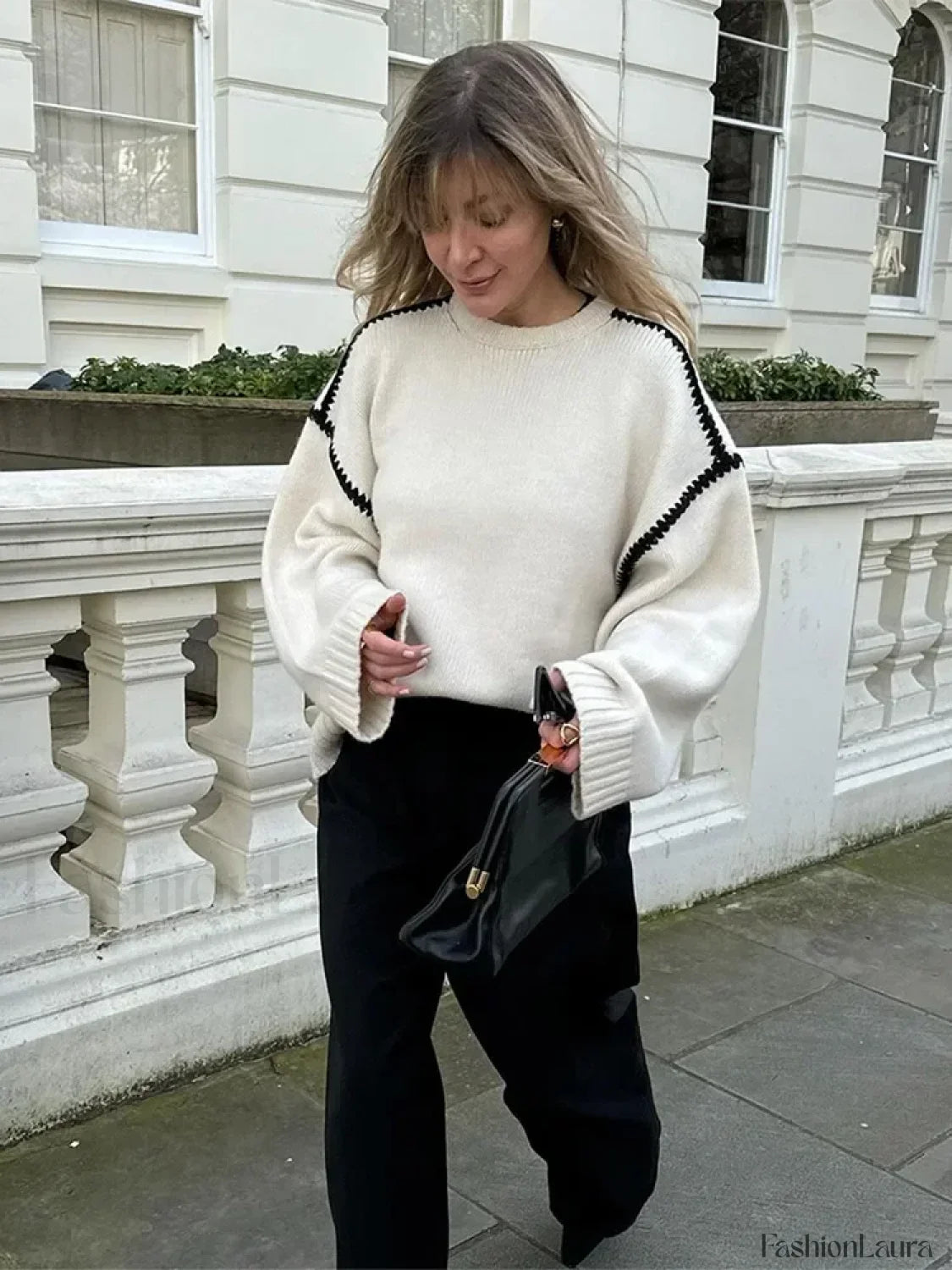Women Elegant Contrast O Neck Knitted Casual Long Sleeve Loose Sweater Sweaters L