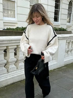 Women Elegant Contrast O Neck Knitted Casual Long Sleeve Loose Sweater Sweaters L