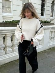 Women Elegant Contrast O Neck Knitted Casual Long Sleeve Loose Sweater Sweaters L