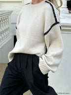 Women Elegant Contrast O Neck Knitted Casual Long Sleeve Loose Sweater Sweaters L
