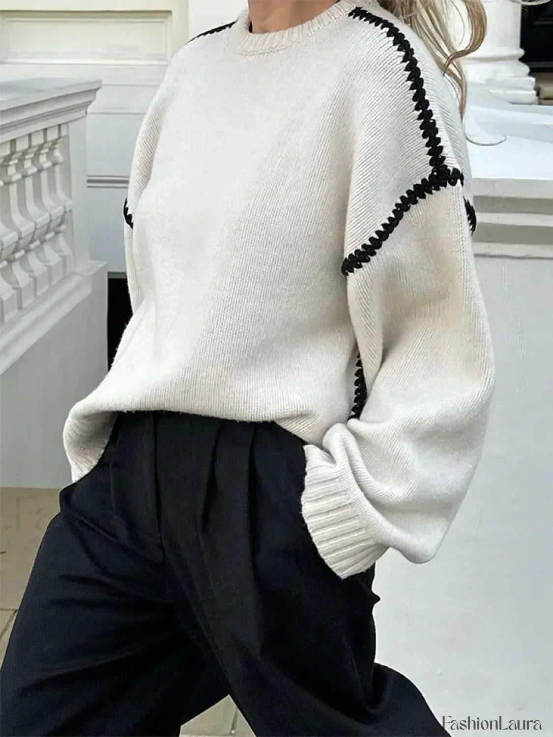 Women Elegant Contrast O Neck Knitted Casual Long Sleeve Loose Sweater Sweaters L
