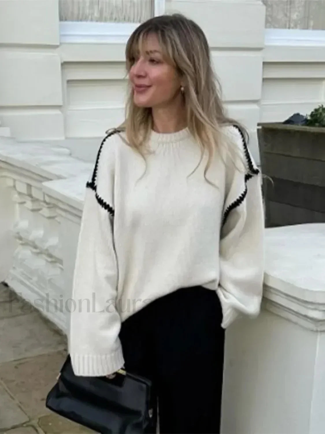 Women Elegant Contrast O Neck Knitted Casual Long Sleeve Loose Sweater Sweaters L Main image
