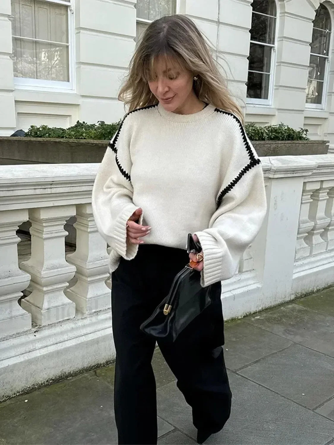 Women Elegant Contrast O Neck Knitted Casual Long Sleeve Loose Sweater Sweaters L