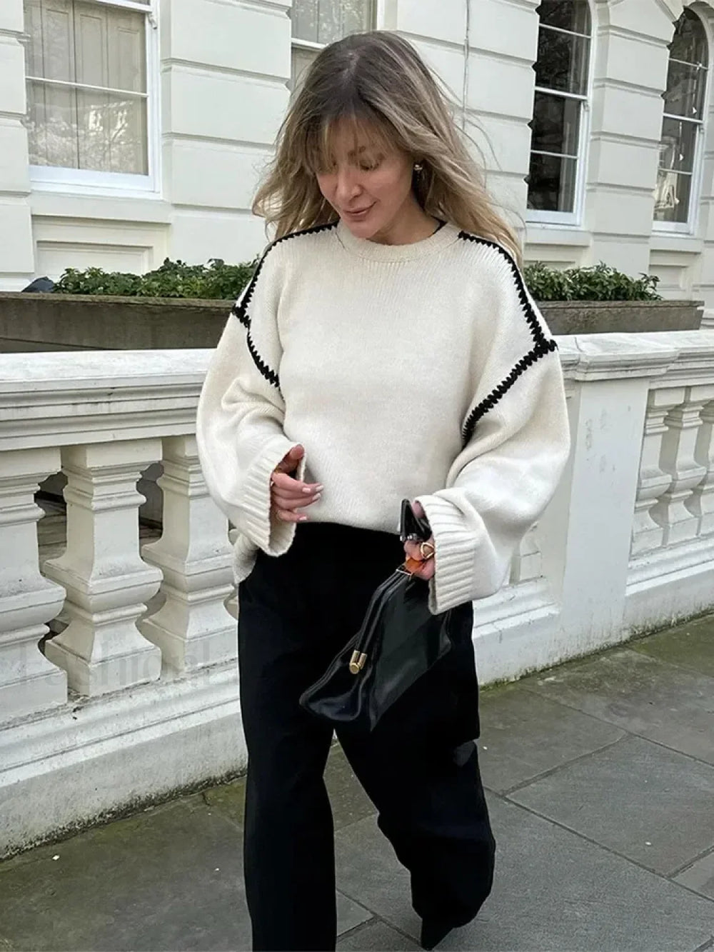 Women Elegant Contrast O Neck Knitted Casual Long Sleeve Loose Sweater Sweaters L