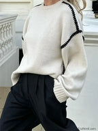 Women Elegant Contrast O Neck Knitted Casual Long Sleeve Loose Sweater White / S Sweaters L