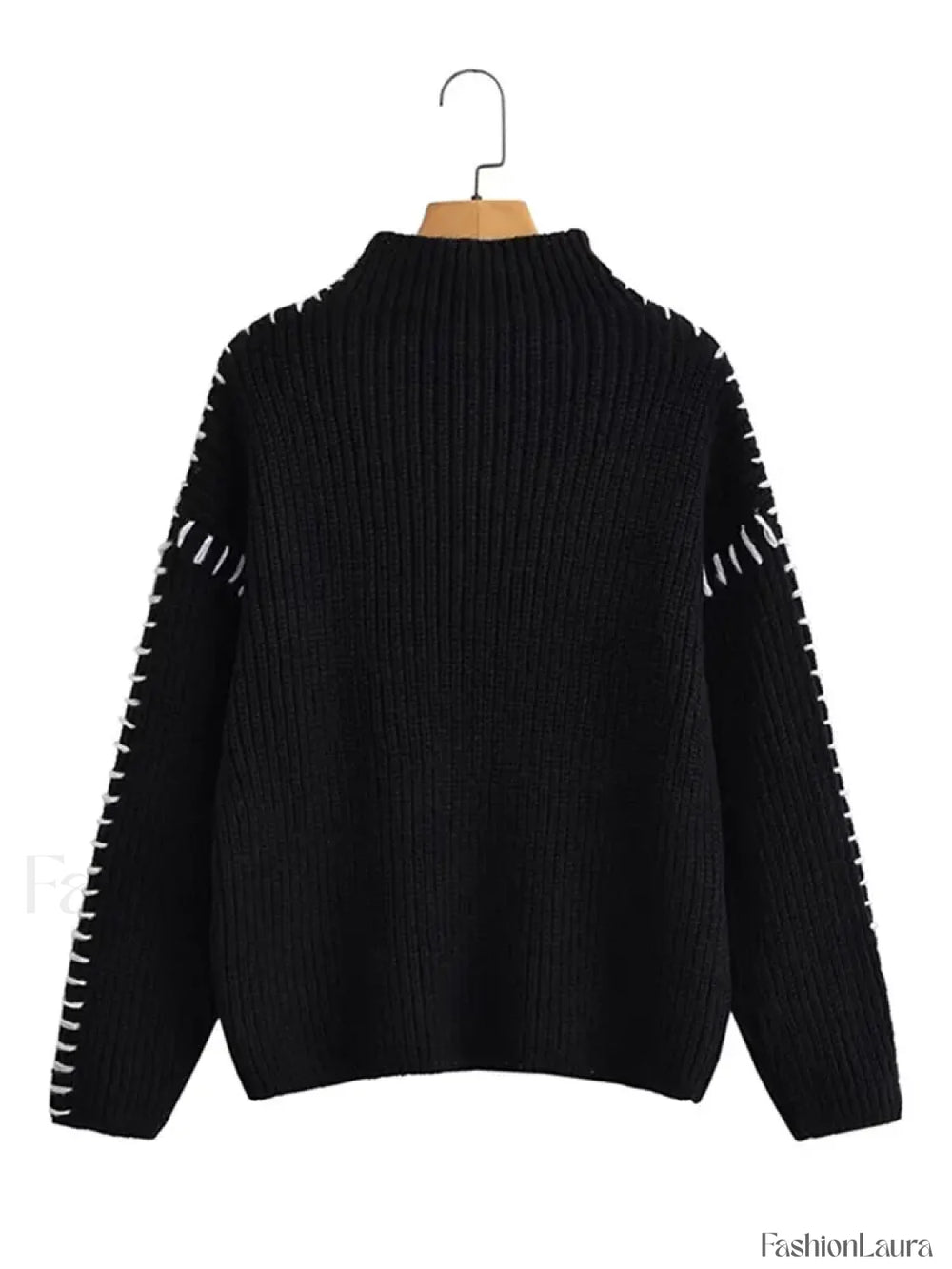 Women Elegant Contrast Stitching Knitted Pullover Casual Loose Turtleneck Long Sleeves Sweater BLACK / S Sweaters L