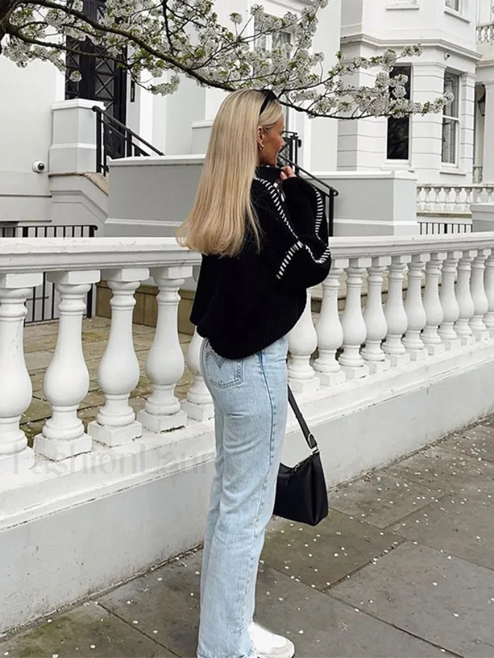 Women Elegant Contrast Stitching Knitted Pullover Casual Loose Turtleneck Long Sleeves Sweater Sweaters L