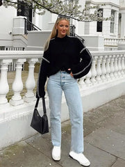 Women Elegant Contrast Stitching Knitted Pullover Casual Loose Turtleneck Long Sleeves Sweater Sweaters L